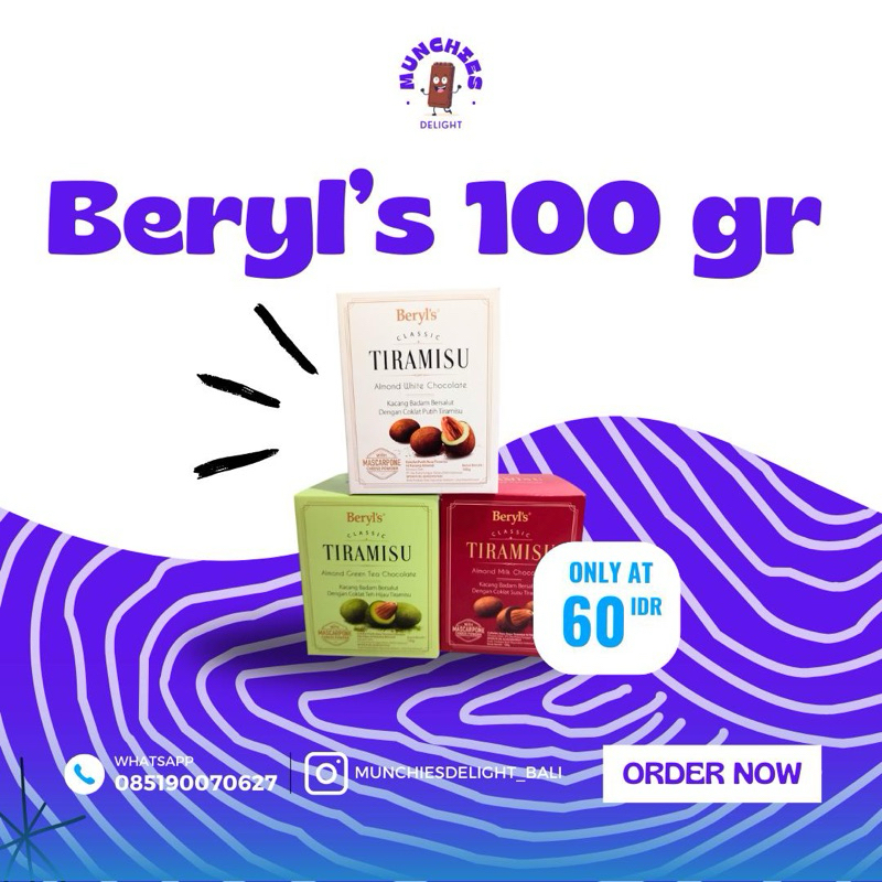 

Beryl's Classic Chocolate 100 g / Coklat Beryls / Beryls Classic Tiramisu / Beryls White Chocolate / Beryls Milk Chocolate / Beryls Greentea / Beryls Almond