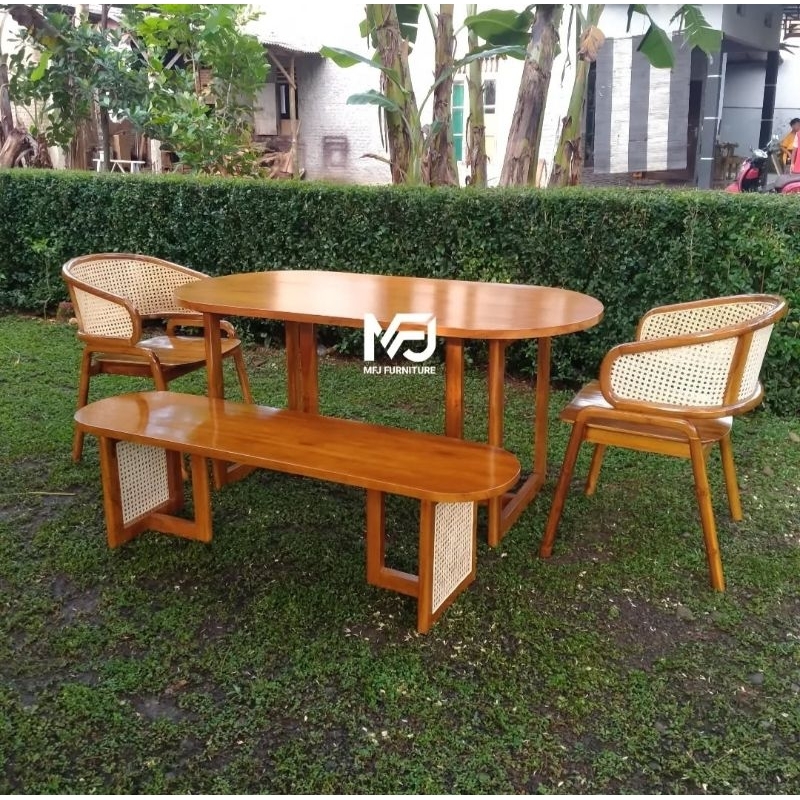 meja makan set oval jati kombinasi rotan