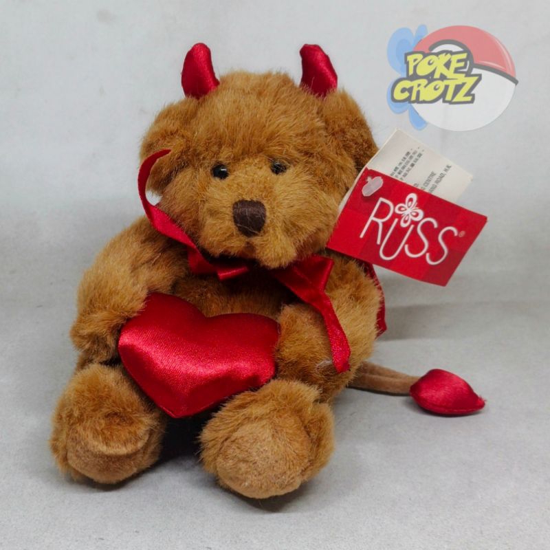 Boneka Russ Berrie Dante Devil Teddy Bear Holding Heart Plush Valentines Gift tag 14cm