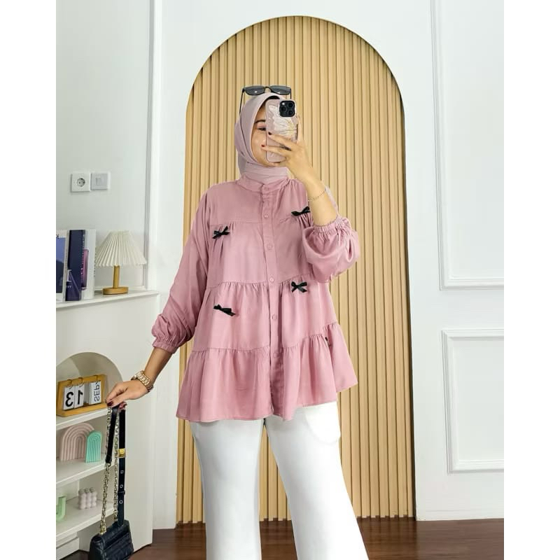 Atasan Pita Rempel Susun Wanita Bahan Rayon Premium Blus Wanita Terbaru