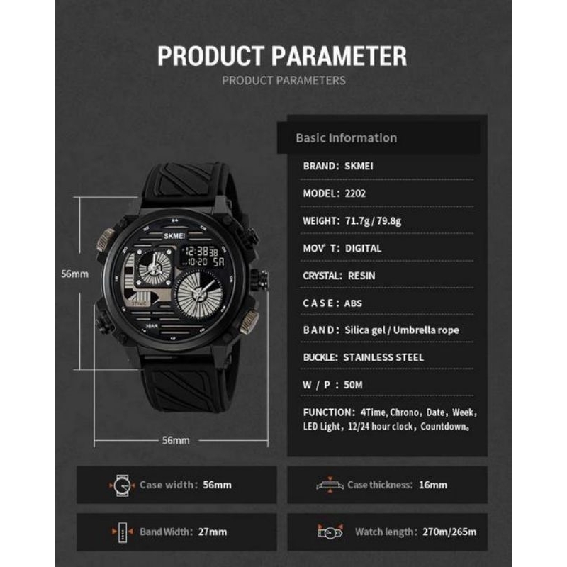 Jam Tangan Pria Analog Digital Terbaru Merk Skmei 2202 Strap Rubber Original 100%