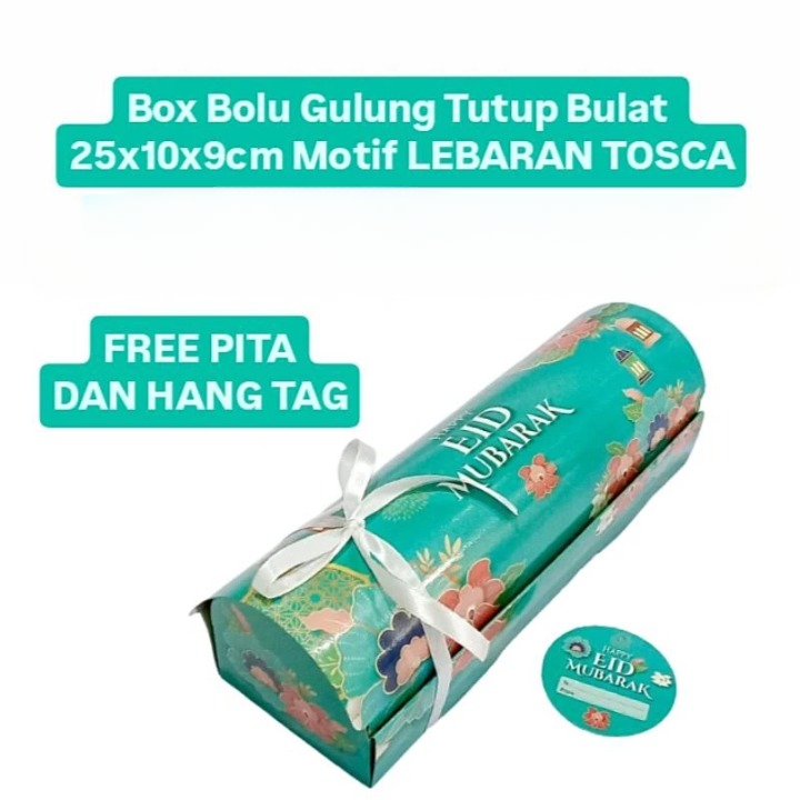 

( 5pcs ) Box Bolu Gulung Lebaran Motif Eid Mubarak Dus Roll Cake Idul Fitri Tutup Bulat Ukuran 25x10x9 cm