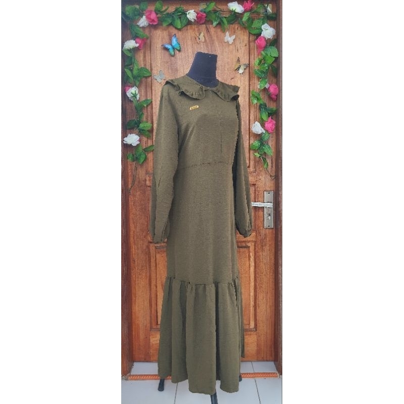 gamis longdress crinkle airflow hijau army polos rempel bawah