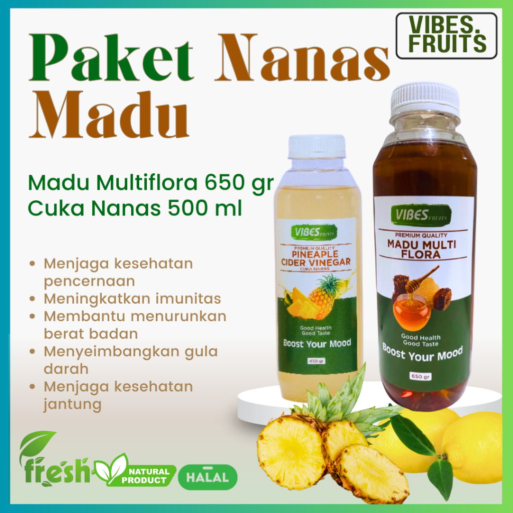 

Paket Hemat Cuka Nanas 500ml Madu Mulitiflora 650 gr / Bundling Diet Sehat Hemat Cuka Nanas + Madu