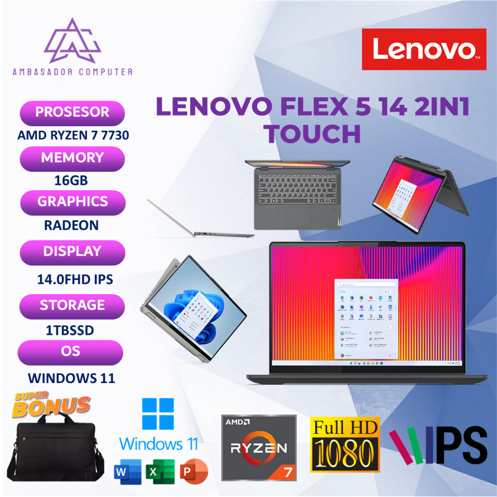 Lenovo touchscreen flip flex 5 14 amd ryzen 7 7730 ram16gb 512ssd 14.0fhd ips