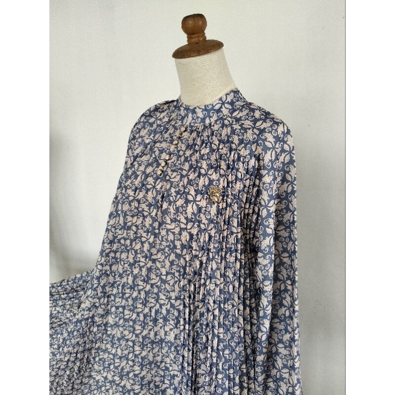 Dress gamis plisket motif bunga lengan panjang