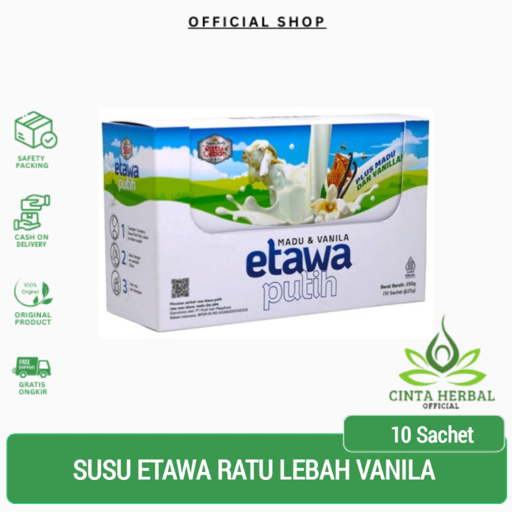 

Susu Etawa Ratu Lebah | Susu Kambing Bubuk Plus Madu | Susu Etawa Jahe Per Box 10 Sachet