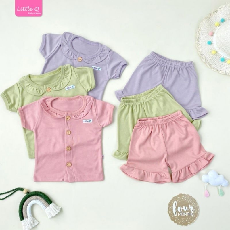 Little Q  (( 3Pcs )) Setelan Bayi Pendek Little Q Polos Kemeja Rempel S M 0-8 Bulan Setelan Bayi