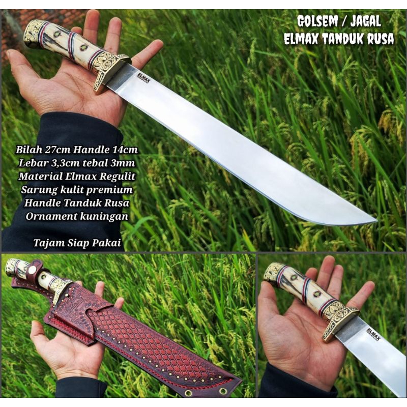 Elmax Tanduk Rusa Golsem/Jagal Saring Kulit Premium Bilah 27cm Handle