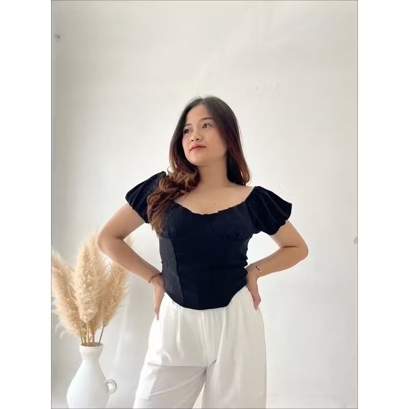 cila crop top black offshoulder sabrina baju wanita Korean style