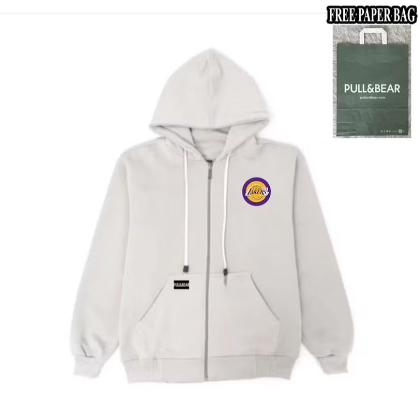 {FREE PAPER BAG} HOODIE ZIPPER CREAM PULL AND BEAR X LAKERS BASIC PRIA - WANITA PREMIUM QUALITY