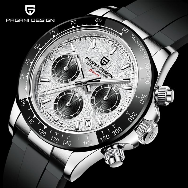 JAM TANGAN NEW PAGANI DESIGN DAYTONA SILVER METEORITE TEKSTUR DIAL SAFIR GLASS +  AR COATING SEIKO V