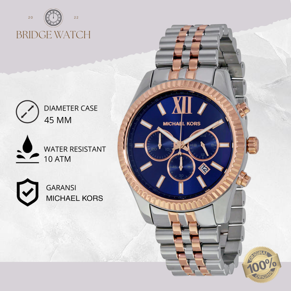 Jam Tangan Pria Michael Kors Lexington MK8412 Original Analog Chronograph Silver Stainless Steel Str