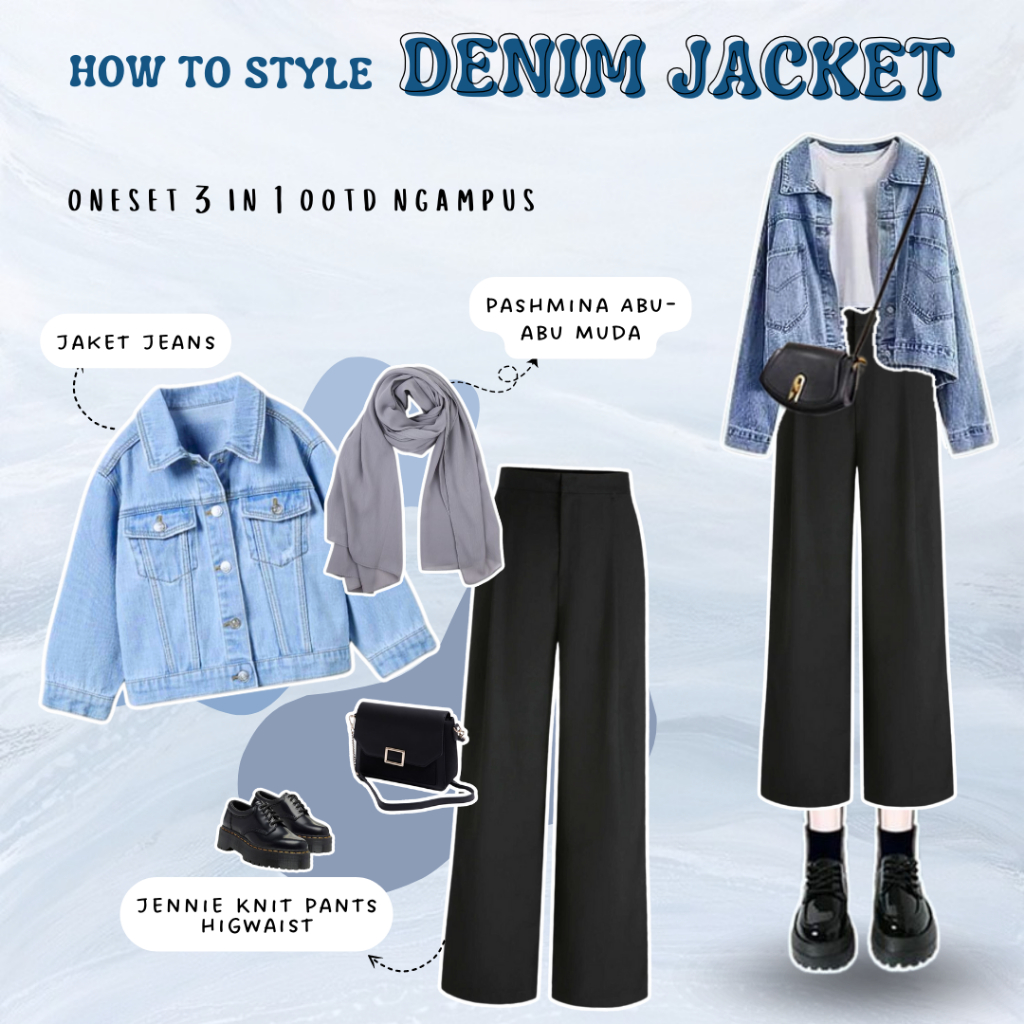 Outfit Hijab Wanita Set  (Pashmina, Outer Jeans Denim, Kulot Higwaist) OOTD Kekinian Remaja - ES08