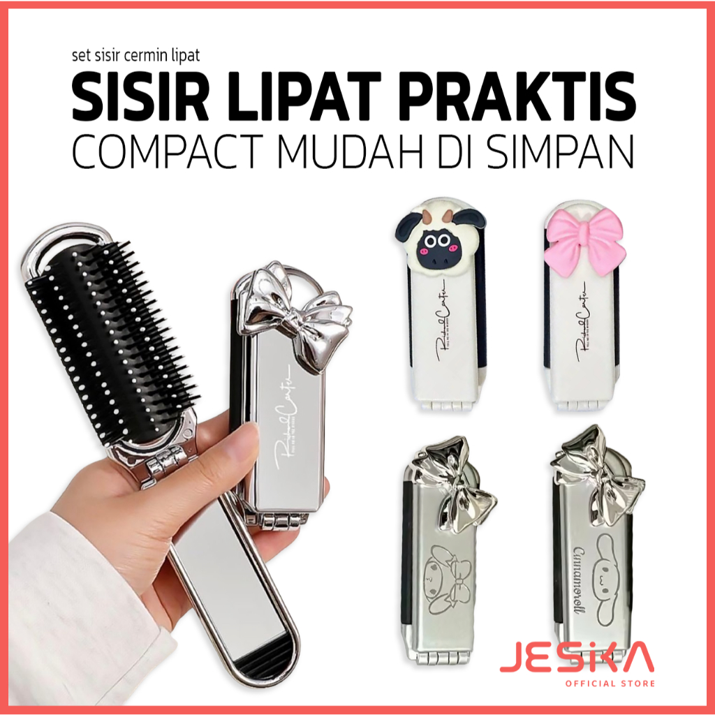 Sisir lipat silver anak kaca cermin rambut pria Wanita trendy traveling saku portable karakter cinna