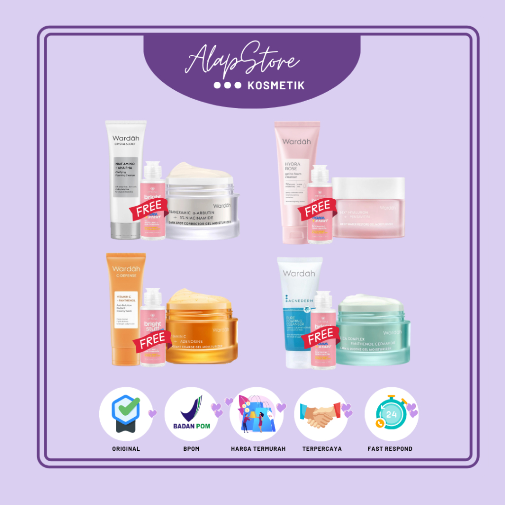 Paket Bund Set 2 Get 3pc Wardah Moisturizer + Wardah Facial Wash Free Micellar Water / Lightening se