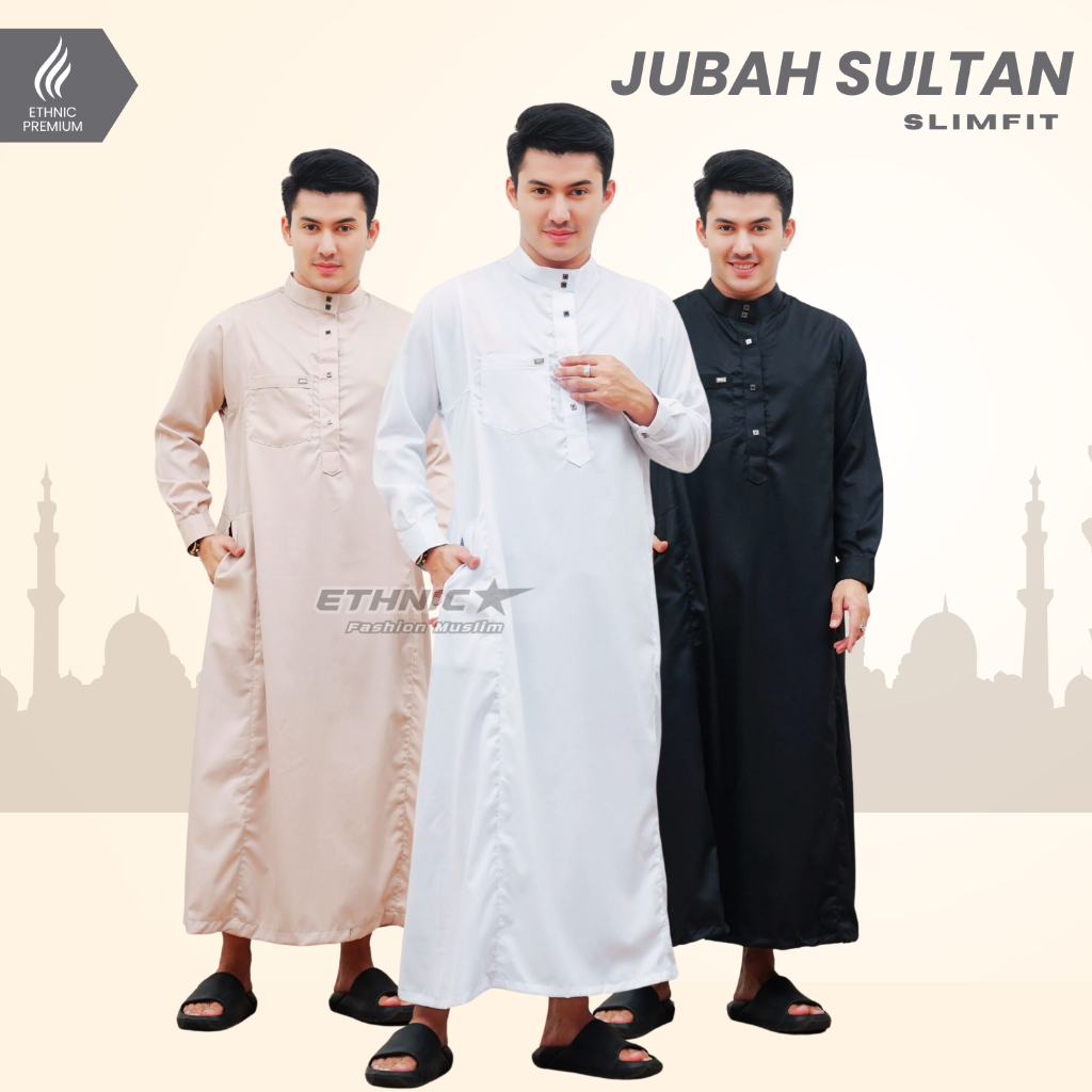 Jubah Slim fit Dewasa Cowok Lengan Panjang Gamis Pria Muslim Regular Jubah hitam putih saudi