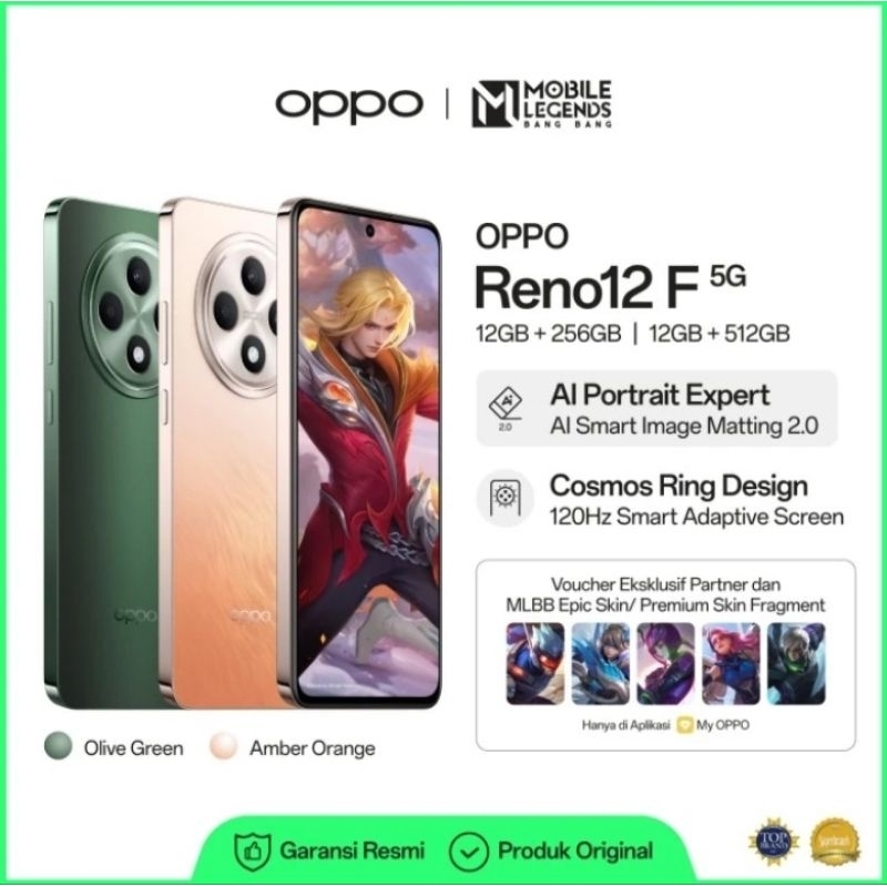 Hp Oppo Reno 12F 5G Ram 12Gb/256Gb | 12Gb/512Gb , Chipset Mediatek Dimensity 6300 , Baterai 5000Mah 