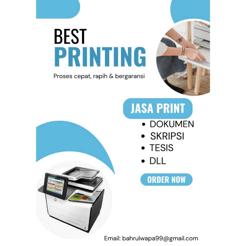 

Jasa Print Dokumen Cepat Dan Murah Warna/Hitam Putih Ukuran A5/B5/A4/F4/Quarto Melayani jasa cetak dokumen A5, B5, Qto/letter, A4 Dan F4/Folio Menggunakan ketas HVS 75 dan 80 Gram Dengan hasil yang maksimal