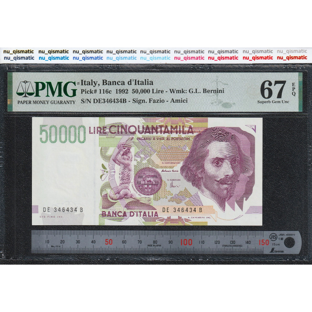 Uang Italy 50000 Italia 50000 Lire , 1992 , PMG 67 EPQ TOP POP , Superb Gem UNC P# 116c