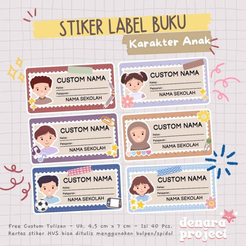 

40 Pcs Stiker Label Nama Buku - Stiker Label Nama Buku Pelajaran - Stiker Aesthetic Karakter