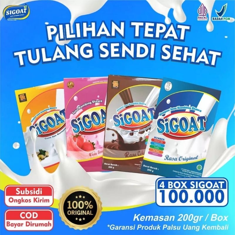 

Paket 4 Box - Sigoat Susu Kambing Etawa - Varian Rasa Cokelat, Original, Jahe, Strowberry