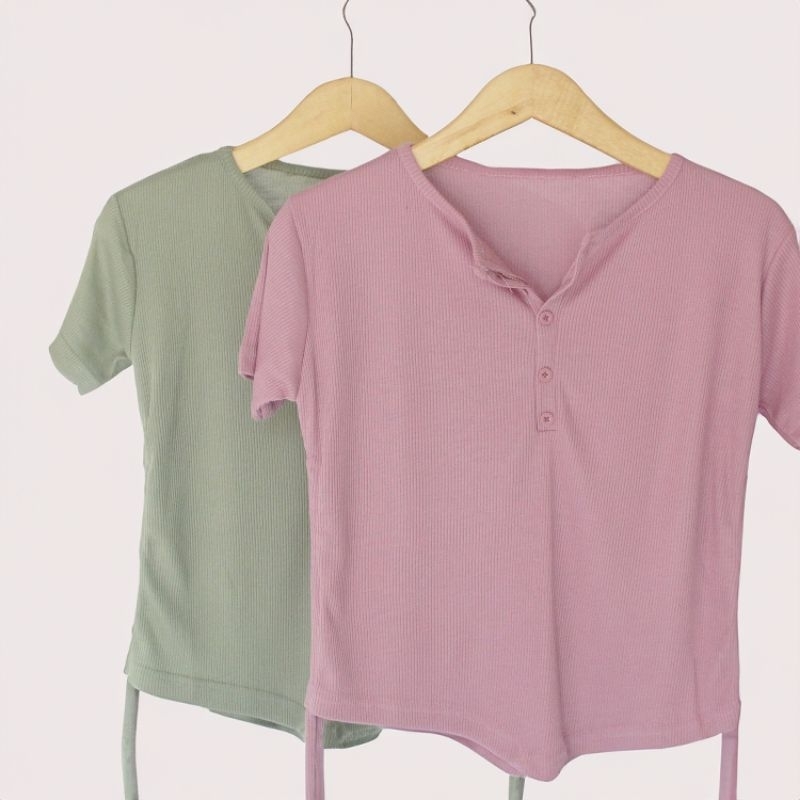 Blouse korea,crop top kancing lengan pendek baju atasan wanita kancing Rib crop