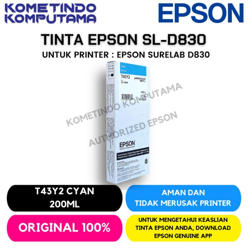 D830 Cyan TINTA CATRIDGE T43Y2 EPSON SL-D830 200ML Original 100% C13T43Y200 Biru