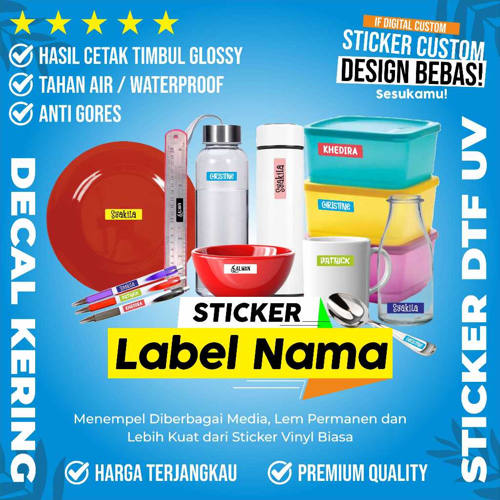 

Stiker UV DTF Label Nama Anak Penanda Peralatan Alat Perlengkapan Barang Sekolah Pesantren Asrama Sticker Sablon Decal Kering Untuk Piring Sendok Botol Tumbler Kotak Makan Pulpen Mangkok IF Digital Custom Siap Press