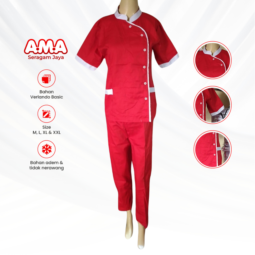 Baju Perawat Wanita Merah Putih Seragam Oka Jaga Dinas Medis Lengan Panjang Adem Size M L XL  XXL