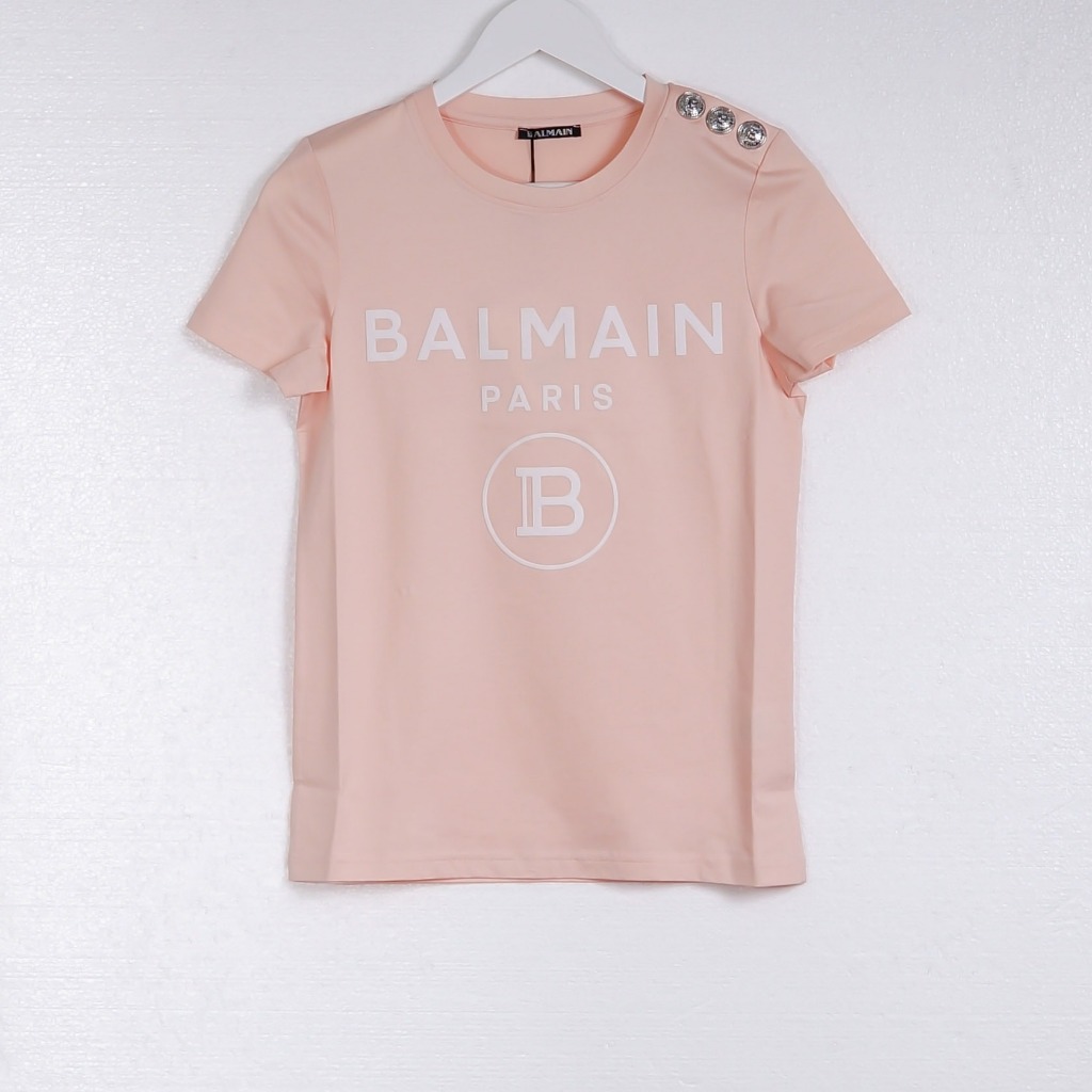 Kaos BALMAIN FLOCKED SILVER TEXT WHITE PINK Tshirt 100% ORIGINAL
