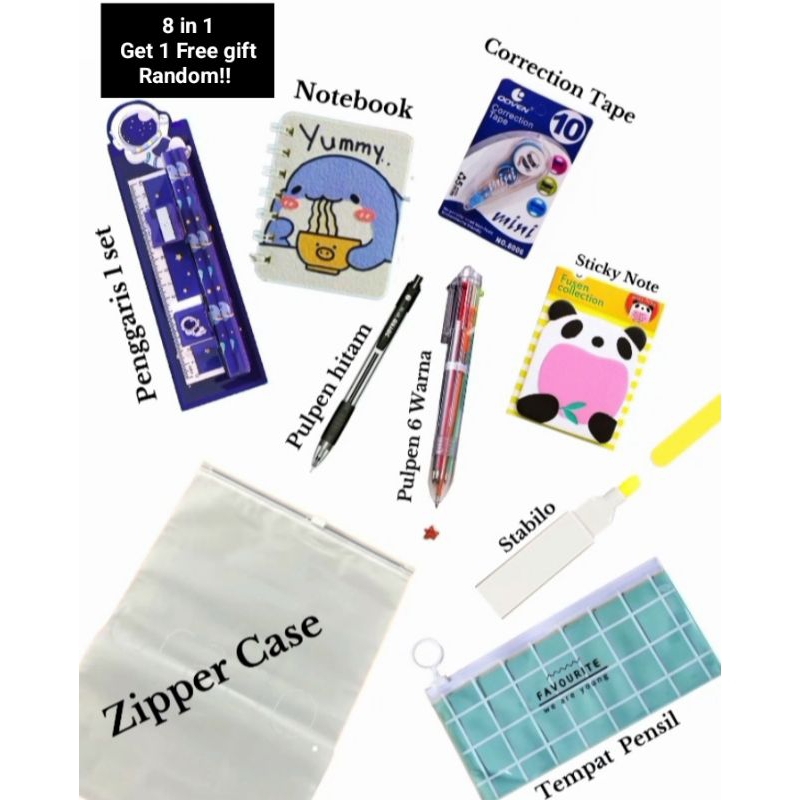 

Satu set Perlengkapan sekolah, Notebook, Tempat Pensil Zipper, Penggaris satu set 5 in 1, Correction Tape/Tip x, Sticky Note, Pulpen 6 warna, Pulepn joyko hitam, Stabilo, 9 in 1