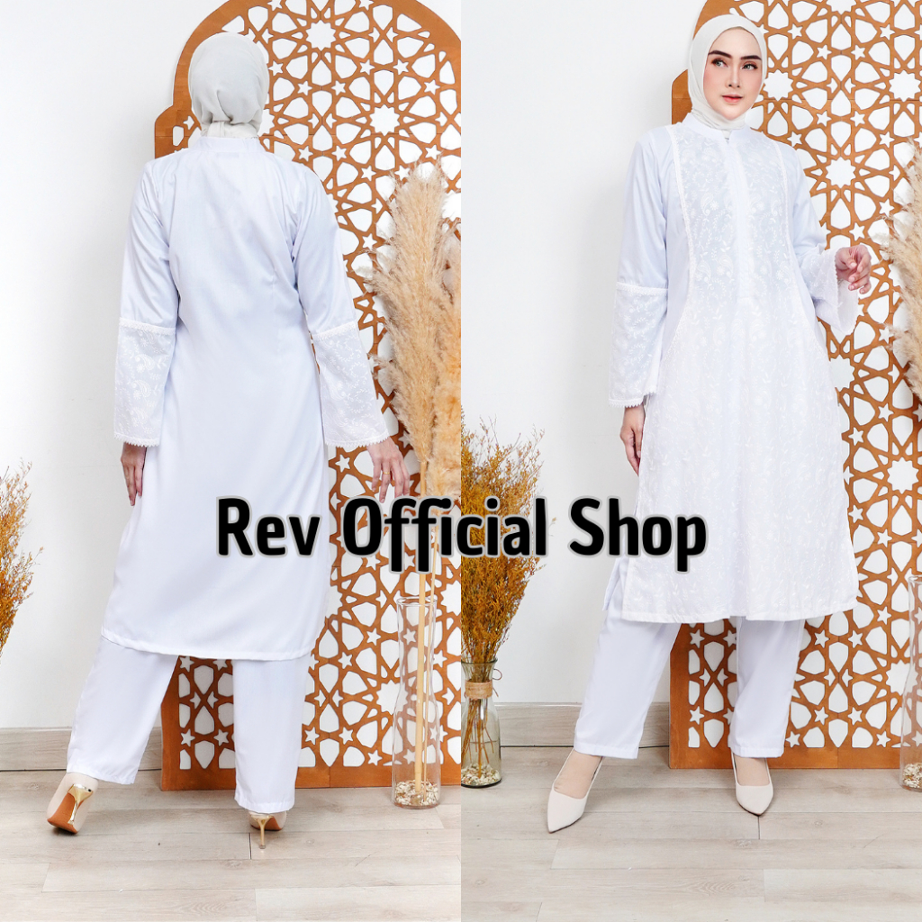 Rev Gamis Setelan Tunik Busana Haji dan Umroh Wanita Kombinasi Bordir Toyobo Fodu
