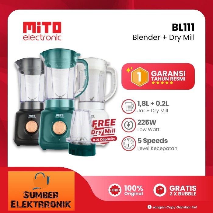 Blender Mito BL 111 Plastik 1,8 Liter Pelumat Juicer Mitochiba Hijau Putih Hitam Low Watt Dry Mill