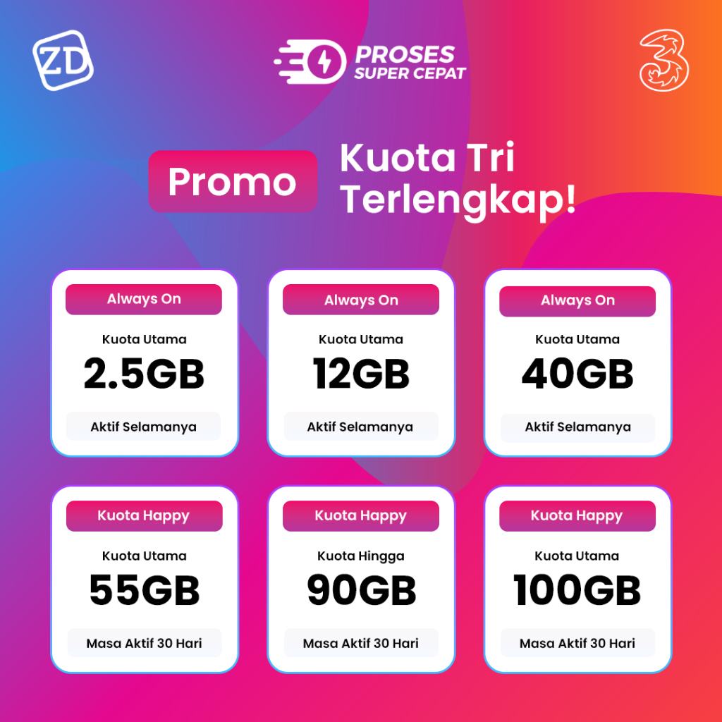 Paket Data Tri AON, Happy, Home, dan Unlimited Nasional