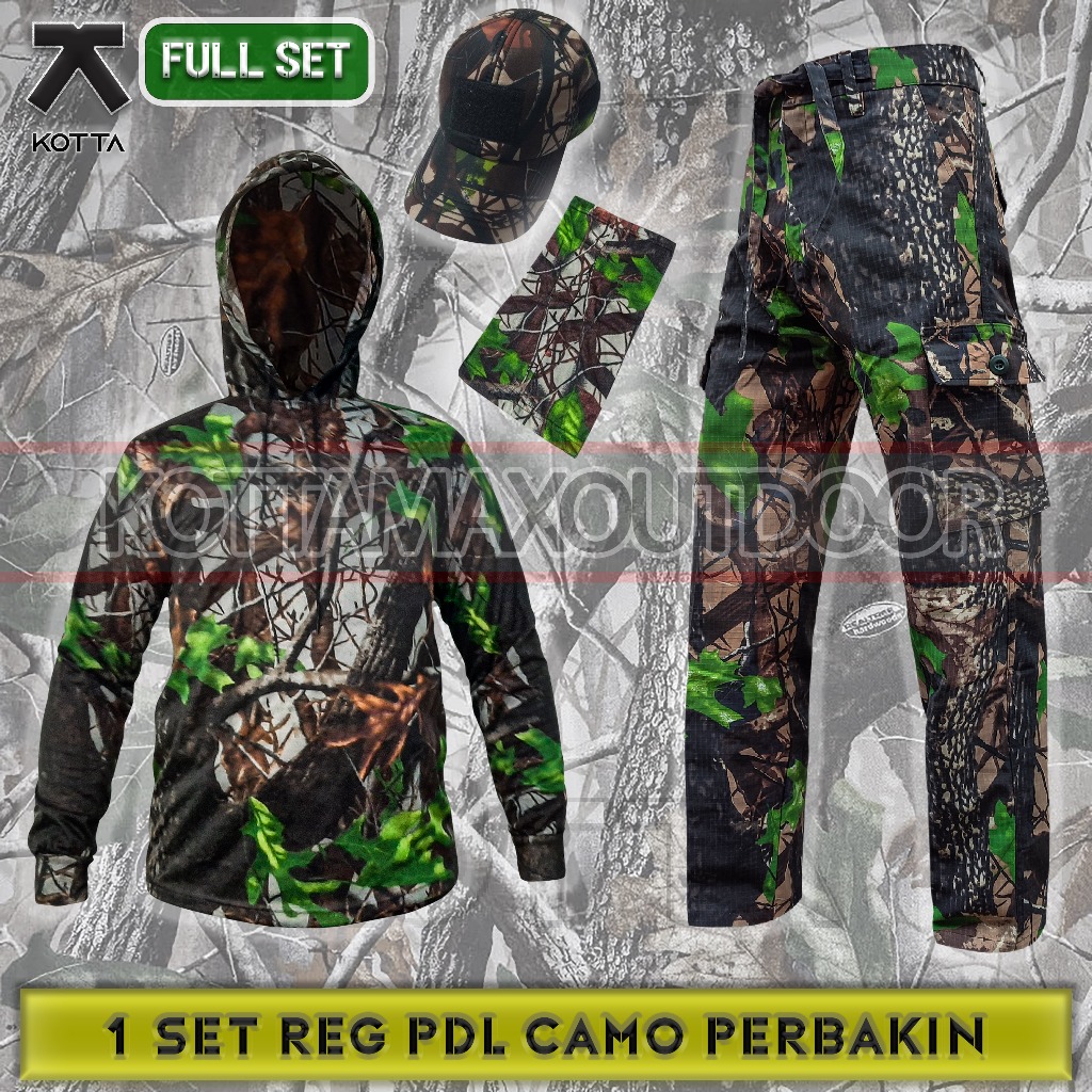 SATU SET SETELAN BAJU KAOS HOODIE CELANA TOPI KAMUFLASE CAMO PERBAKIN HUNTING BERBURU