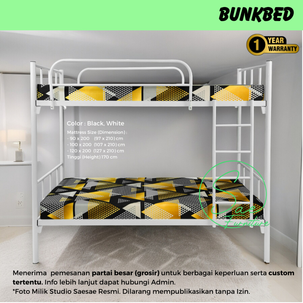 Ranjang Susun Besi 2 Tingkat Bunkbed Minimalis Size 200x90 200x100 200x120 (S2)