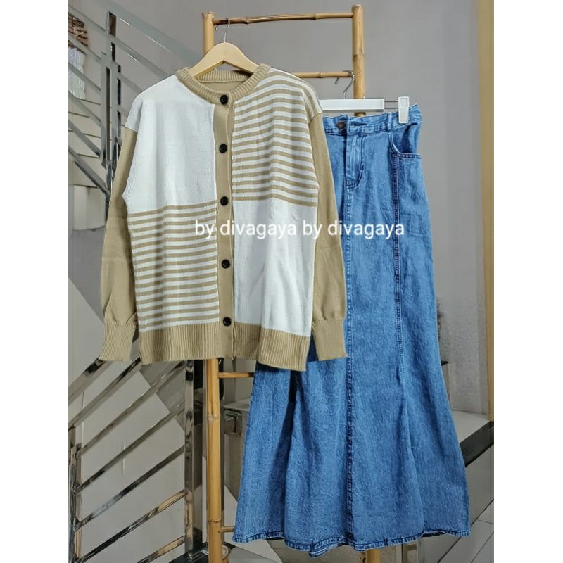 Setelan Wanita Jumbo Tamera Atasan Kardigan Rajut Rok Duyung Jeans Kekinian