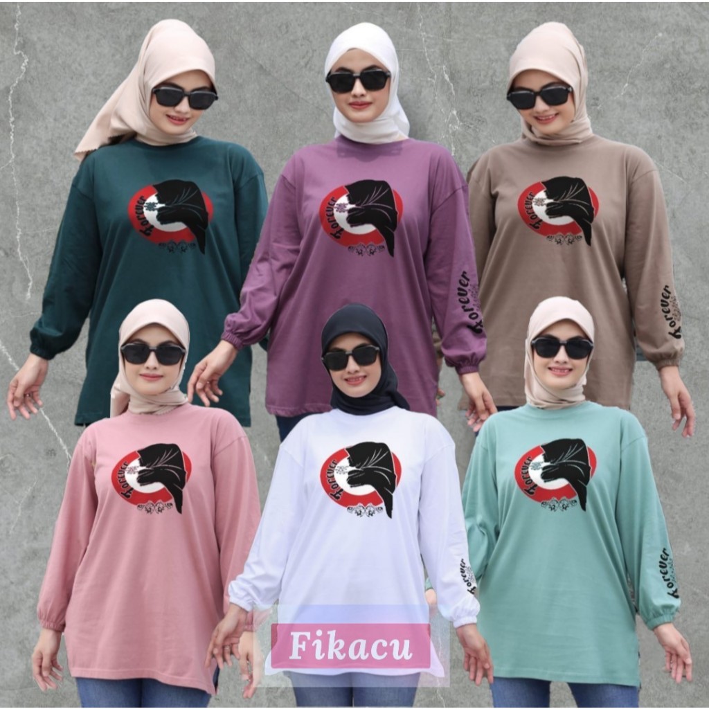 Kaos Wanita Oversize Kerut Lengan Panjang Motif DTF Atasan Muslimah Bahan Cotton Combed 24s Adem