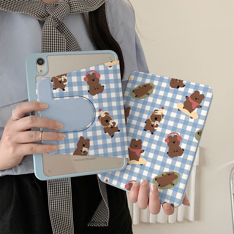 360 Rotation Cute plaid bear iPad Case For ipad air 6 2024 M2 air 5 4 3 Cover ipad pro 2024 2022 202
