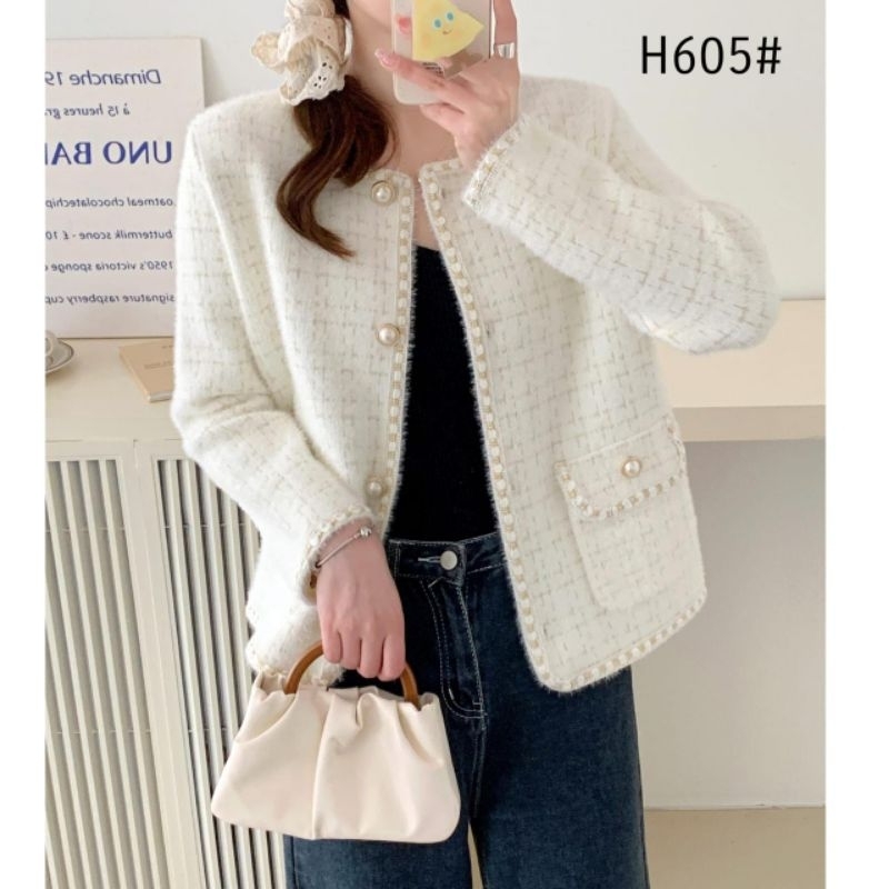 H605 Baju atasan luaran PRIONA TWEED FUR CARDIGAN Hitam putih Korean style wanita premium import baj
