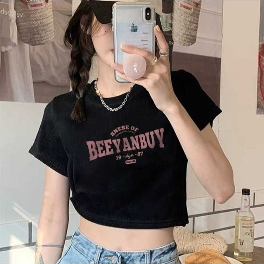 KAOS WANITA BEEYANBUY CROP TOP BAJU KAOS CATTON COMBAD KOREAN STYLE