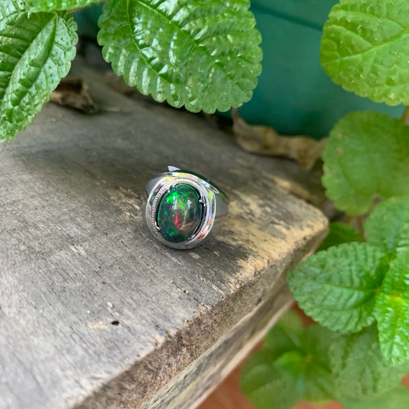 Cincin Batu Permata Kalimaya Black Opal HQ Jarong Siang Malam Tanpa Senter Memo Ring Monel Doff Pera