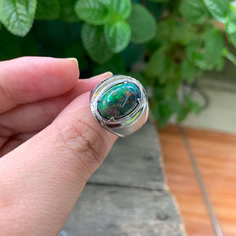 Cincin Batu Natural Kalimaya Black Opal HQ Memo Jarong Siang Malam Tanpa Senter Ring Monel Doff Hand