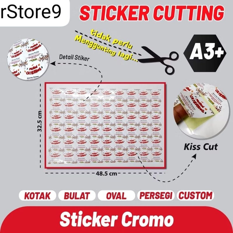 

Cetak Sticker Label Kemasan logo ukuran kertas A3+ Cromo glossy print+Cuting