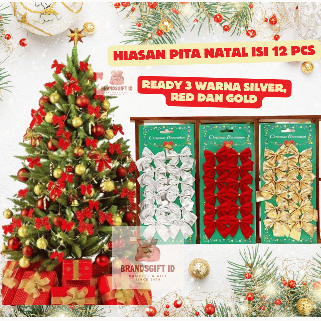 

DEKORASI HIASAN PITA NATAL ISI 12 MERAH EMAS SILVER BIRU DEKORASI PITA KADO PARCEL HAMPERS