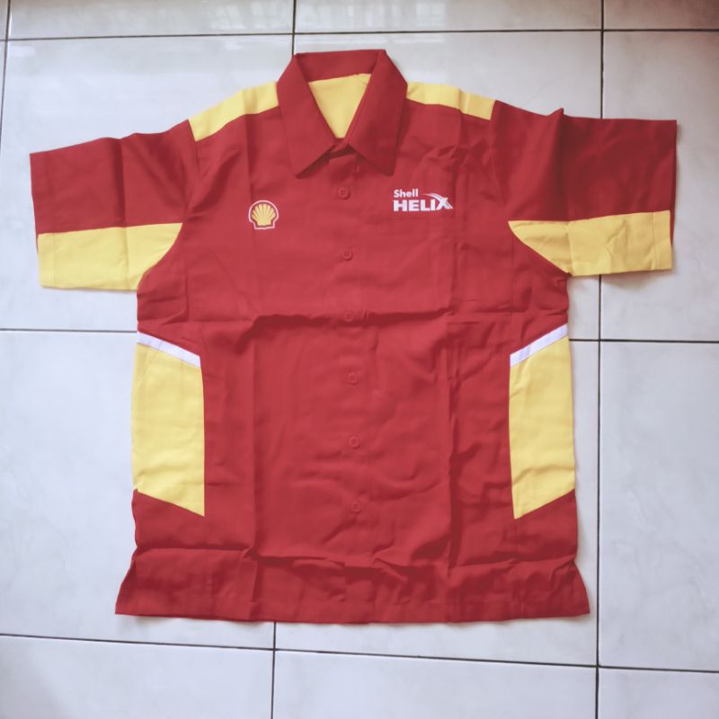 kemeja baju mekanik merah otomotif oli Shell Helix size XL