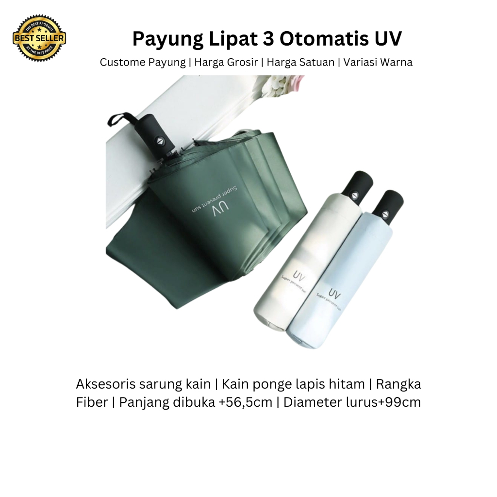 GROSIR PAYUNG / Custom Payung lipat 3 Otomatis UV Sablon 1 Warna