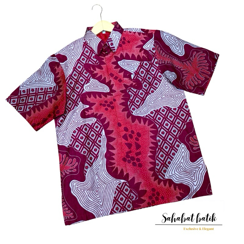 kemeja batik lengan pendek bahan katun warna merah sri rejeki