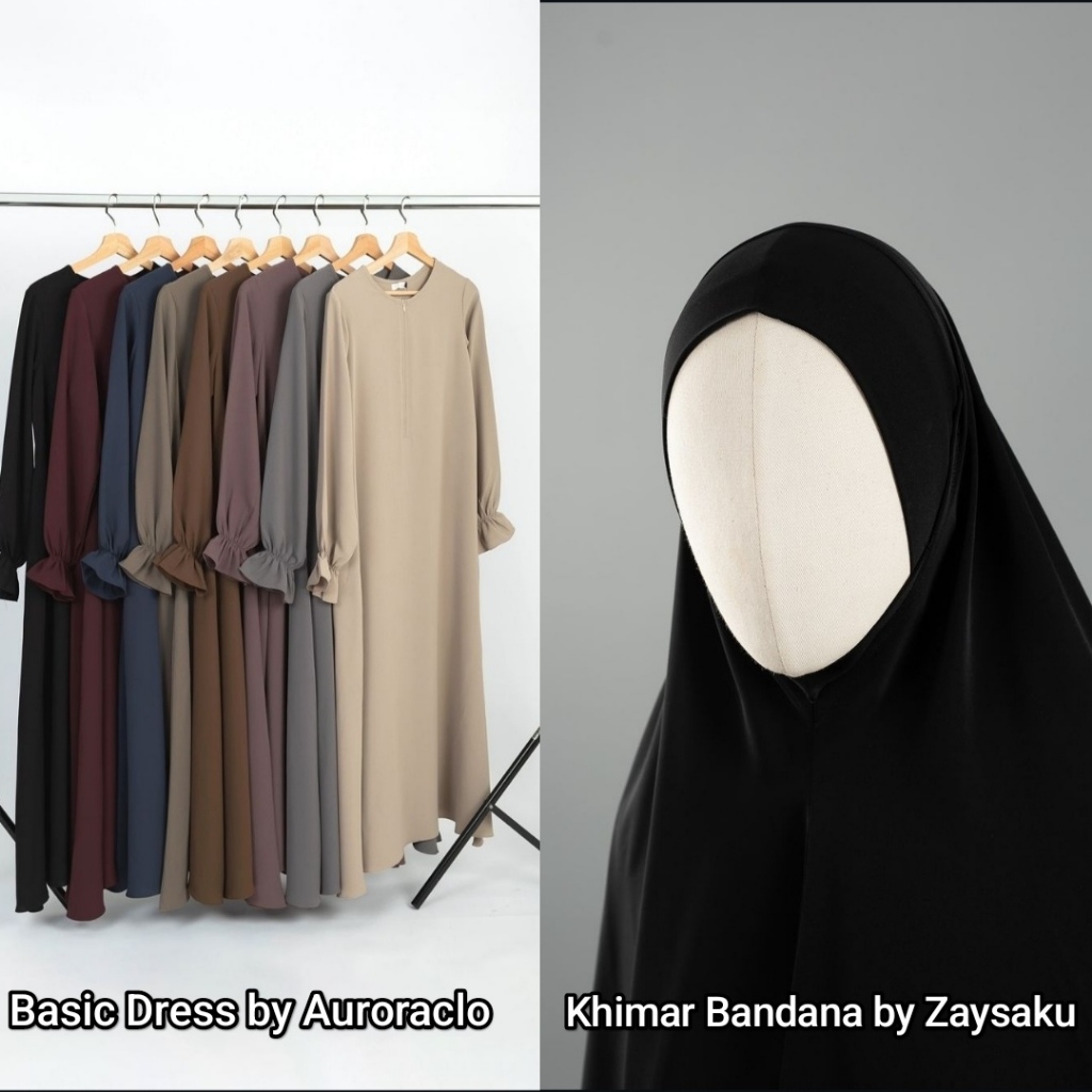 (Ready Siap Kirim) - Basic Dress by Auroraclo - Khimar Nonpad Dagu - Khimar Bandana by Zaysaku